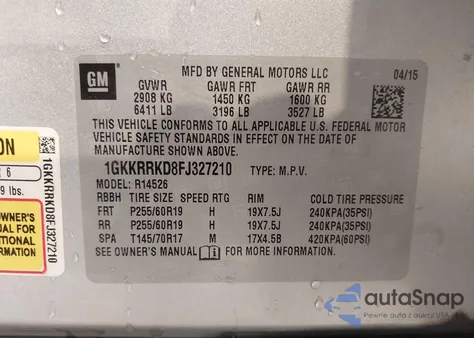 2015 GMC Acadia Slt-1 из США, поврежденный, VIN 1GKKRRKD8FJ327210